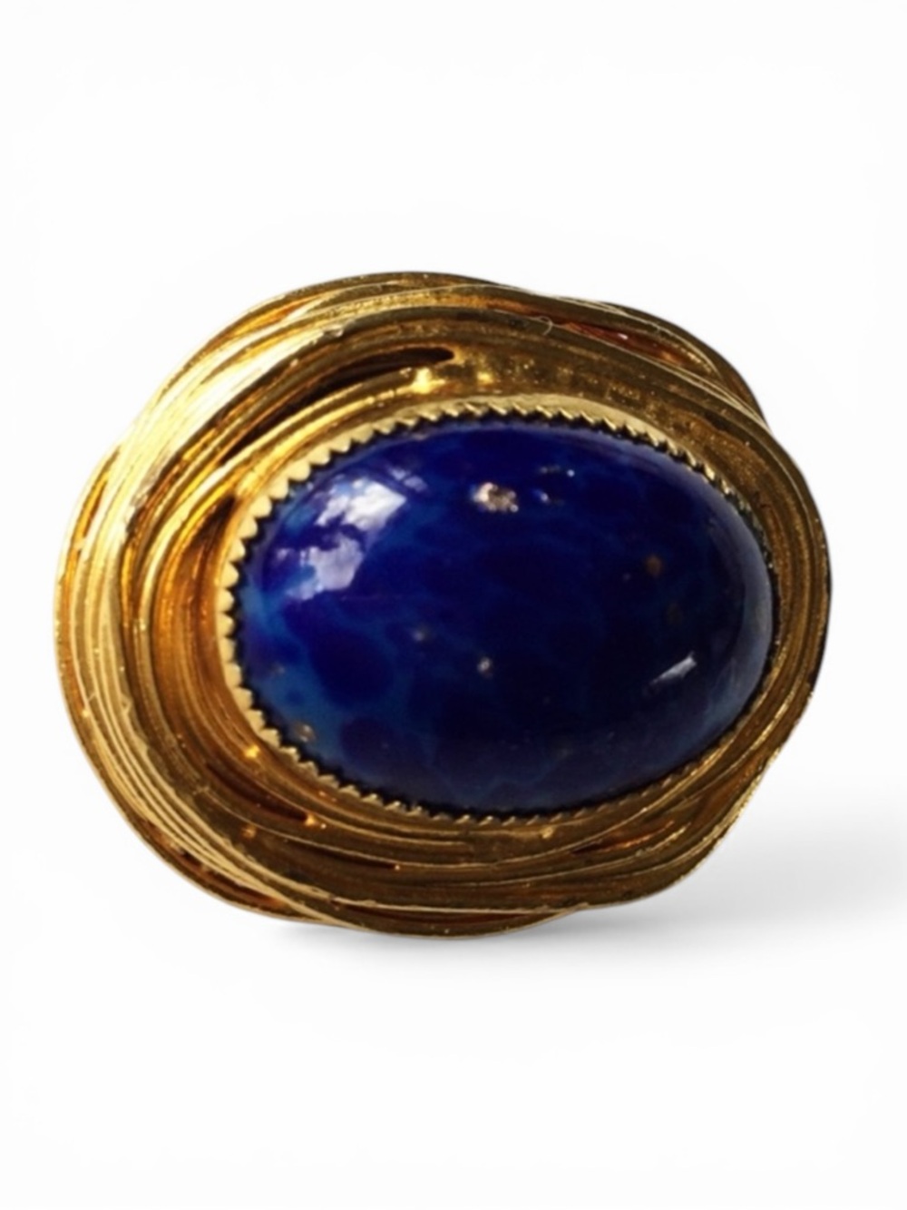 Vintage Brutalist Gold‑Tone Brooch - Blue Agate Cabochon & Gold Flecks - Picture 4 of 13